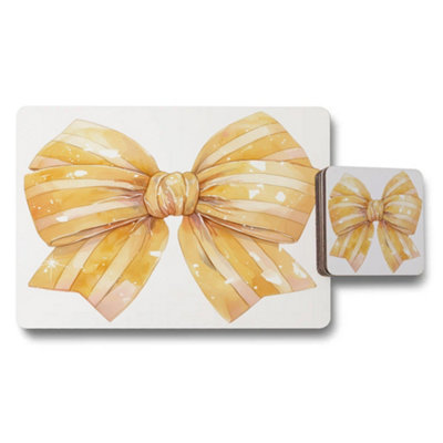 B&Q -  Premium Bow Design Placemat Coaster Set Of 12 With Designer Artwork And Wood Base Limited Edition