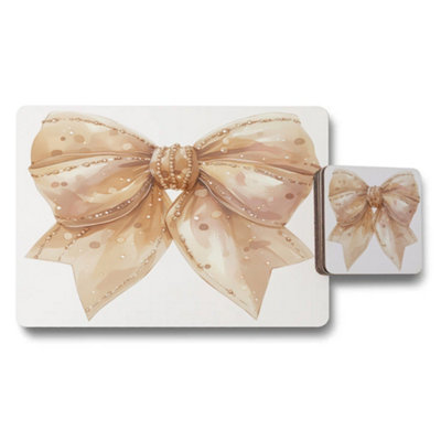 B&Q -  Bow Motif Placemats And Coasters Set With Wood Base High End Print Artwork Exclusive Collection