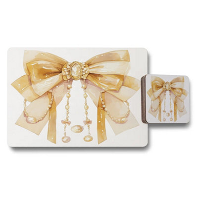 B&Q -  Placemat And Coaster Set Gold Bow Design From Luxe Collection Exclusive Limited Edition