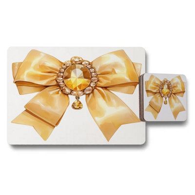 B&Q -  Placemat And Coaster Set Golden Bow Crystal Centerpiece Designer Luxury Edition Artwork