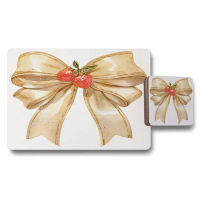 B&Q -  Designer Artwork Placemat And Coaster Set With Wood Base In Luxury Bow Motif And Premium Print Exclusive Collection