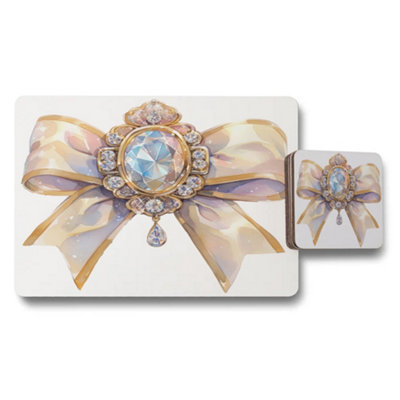 B&Q -  Placemat Coaster Set With Crystal Gem Bow Motif And Exclusive Gold Ribbon Accents Designer Artwork
