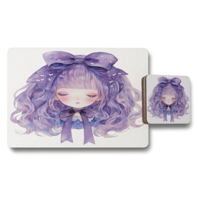 B&Q -  Placemat And Coaster Set Purple Bow Designer Artwork Limited Edition Wood Bottom