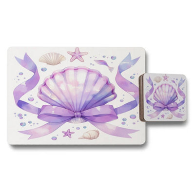 B&Q -  Sea Shell Ribbon Designer Artwork Placemat And Coaster Set With Wood Bottom Limited Edition