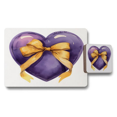 B&Q -  Placemat Coaster Set 12 Piece Purple Heart With Golden Ribbon Exclusive Designer Artwork Collection