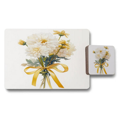 B&Q -  Placemat And Coaster Set With Designer Floral Artwork And Wood Bottom Exclusive Edition