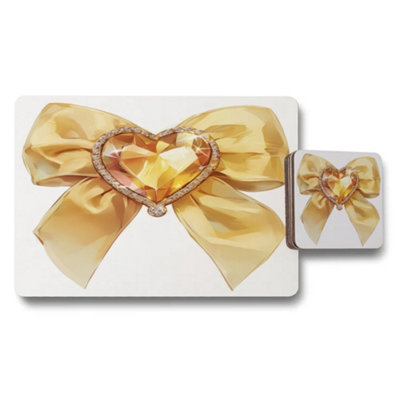 B&Q -  Elegant Placemats And Coasters Set Gold Bow Crystal Heart Motif Exclusive Designer Collection
