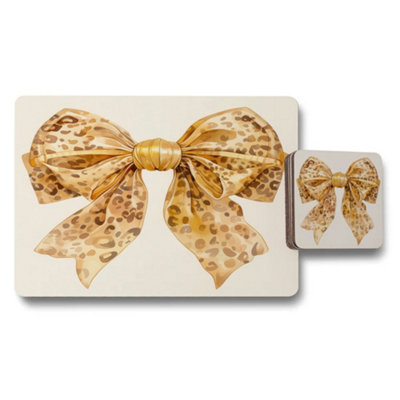 B&Q -  Leopard Bow Placemat And Coaster Set Wood Backed High End Print Limited Edition Exclusive