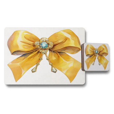 B&Q -  Placemat Coaster Set Designer Artwork With Gold Bow On Wood Bottom Limited Edition