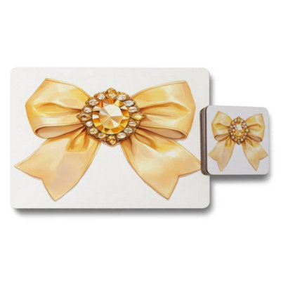 B&Q -  Gold Bow Crystal Embellished Placemat And Coaster Set Designer Artwork Limited Edition