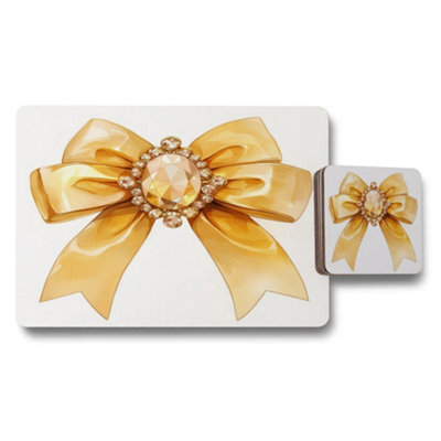 B&Q -  Placemat And Coaster Set Golden Bow Design Exclusive Designer Artwork Wood Backing 12 Piece Set