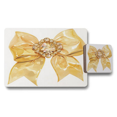 B&Q -  Crystal Accent Bow Designer Placemat And Coaster Set Exclusive Edition With Wood Base
