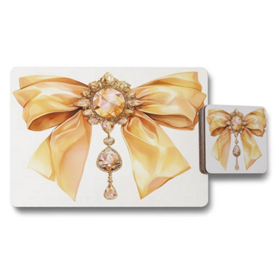 B&Q -  Gold Bow Crystal Motif Placemat Coaster Set Limited