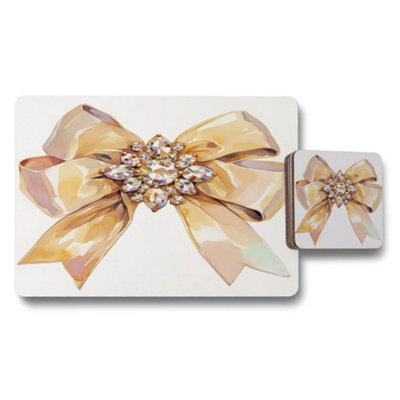 B&Q -  Designer Gold Bow Crystal Embellished Placemat And Coaster Set Of 12 Exclusive Artwork Collection