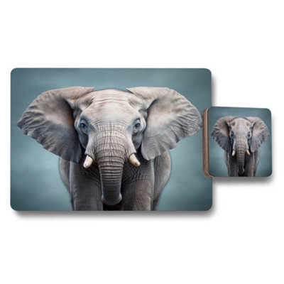 B&Q -  Elephant Art Placemat And Coaster Set With Wooden Base From Fine Art Print Collection Limited Edition