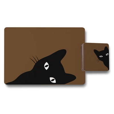 B&Q -  Exclusive Cat Placemat And Coaster Set With Wood Bottom