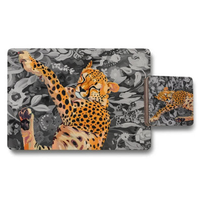 B&Q -  Leopard Themed Placemat And Coaster Set With Wood Base And Designer Artwork Exclusive Edition
