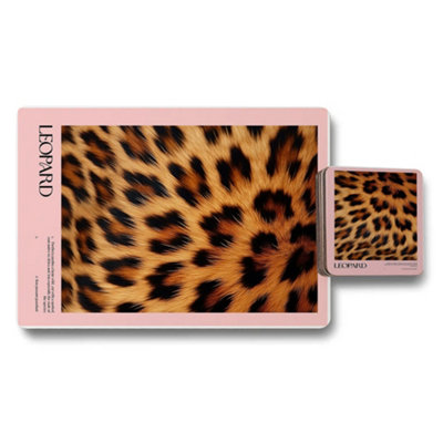 B&Q -  Leopard Placemat And Coaster Set Pink Border Designer Artwork Collection Exclusive