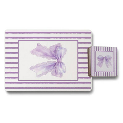 B&Q -  Designer Artwork Placemats And Coasters Set Lavender Bow Premium Print Wood Backing Limited Edition