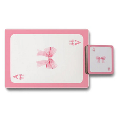 B&Q -  Designer Bow Motif Placemat And Coaster Set In Pink With Wood Bottom 12 Piece Exclusive Collection