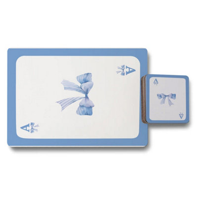 B&Q -  Designer Artwork Blue Bow Placemat And Coaster Set With Wood Base Limited Edition