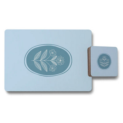 B&Q -  Placemat And Coaster Set Light Blue With Wood Bottom And Designer Botanical Artwork Exclusive Edition
