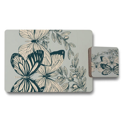 B&Q -  Designer Butterfly Botanical Placemat And Coaster Set With Wood Bottom Exclusive Artwork Collection