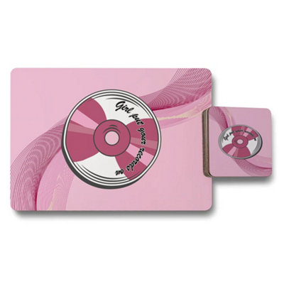 B&Q -  Placemat And Coaster Set With Wood Bottom Designer Artwork Pink Cd Motif Limited Edition Collection