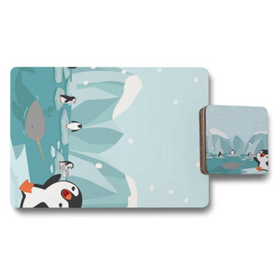 B&Q -  Penguin Ice Landscape Placemat And Coaster Set With Wood Bottom Designer Artwork Limited Edition