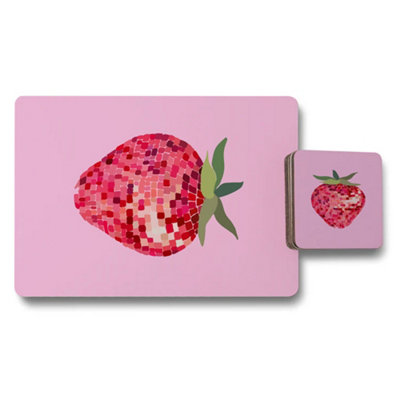 B&Q -  Strawberry Mosaic Placemat And Coaster Set Designer Artwork With Wood Backing Limited Edition