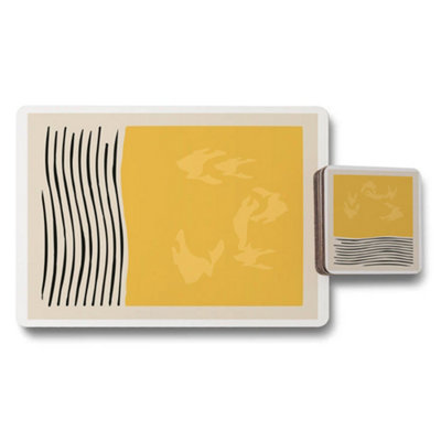 B&Q -  Designer Placemat And Coaster Set Featuring Yellow Abstract Artwork With Wood Base Exclusive Collection