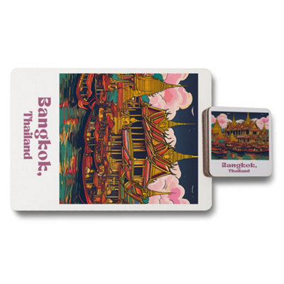 B&Q -  Bangkok Thailand Placemats And Coasters Set With Wood Bottom And High End Print Artwork Exclusive