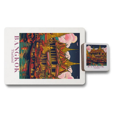 B&Q -  Bangkok Themed Placemat And Coaster Set Of Twelve In Premium Print Collection With Wood Base