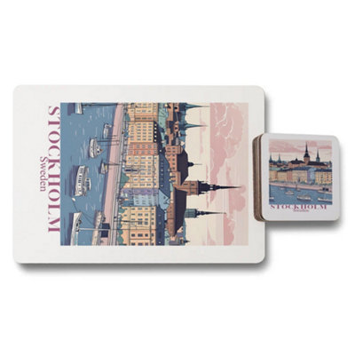 B&Q -  Stockholm Sweden Placemat And Coaster Set With Wood Bottom And Designer Artwork Limited Edition