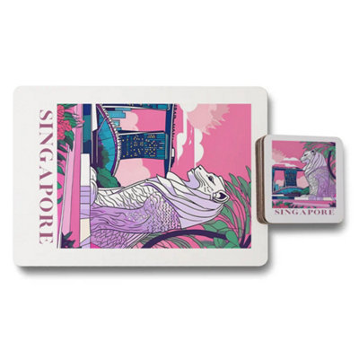 B&Q -  Placemat And Coaster Set Twelve Designer Artwork With Wood Bottom Singapore Theme Exclusive Edition