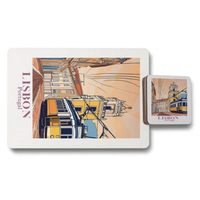 B&Q -  Lisbon Print Placemat And Coaster Set With Wood Base Luxury Artwork Collection Limited Edition