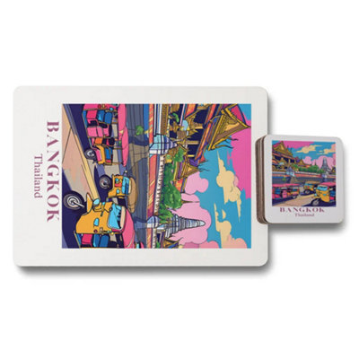 B&Q -  Bangkok Thailand Designer Placemat And Coaster Set With Wood Base And High End Print Artwork Limited Edition