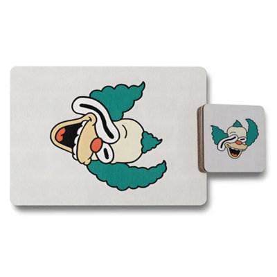 B&Q -  Placemat And Coaster Set Featuring Designer Artwork Teal Clown Motif With Wood Backing Limited Edition