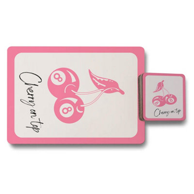 B&Q -  Placemat Coaster Set Designer Artwork Pink Cherry Motif With Wood Bottom Exclusive Edition