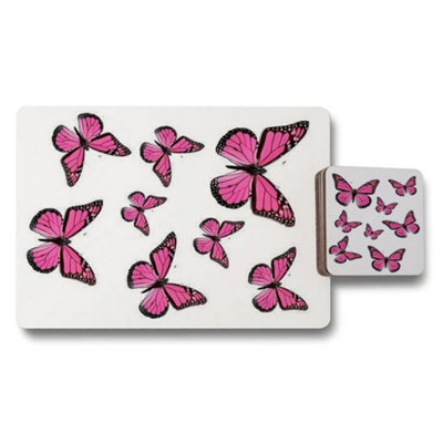 B&Q -  Pink Butterfly Placemats And Coasters Set With Wood Bottom Designer Artwork Exclusive Edition