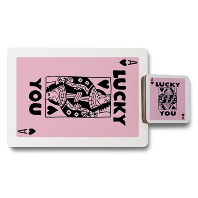 B&Q -  Placemat Coaster Set Designer Artwork Pink Card Motif With Wood Bottom Limited Edition