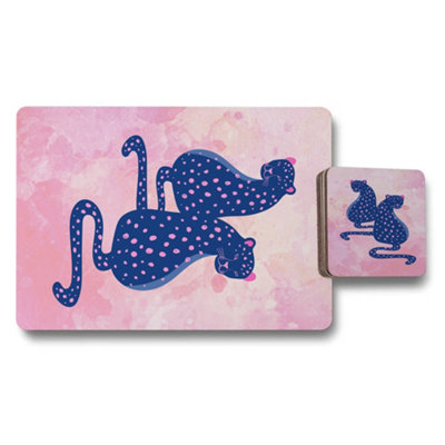 B&Q -  Cat Themed Placemat Coaster Set Of Twelve In Pink Landscape With Blue Spotted Panthers And Wooden Backing