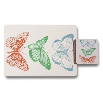 B&Q -  Butterfly Design Placemat And Coaster Set Multicolor Artwork Wood Backing Designer Collection