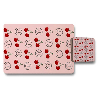 B&Q -  Pink Cherry Motif Placemat And Coaster Set Wood Backed Designer Artwork Exclusive Edition