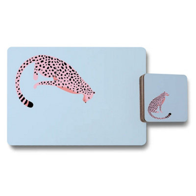 B&Q -  Leopard Pink Designer Artwork Placemat And Coaster Set Of Twelve With Wood Bottom Exclusive Premium Print