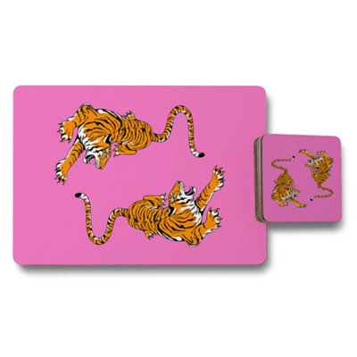 B&Q -  Designer Tiger Artwork Placemat And Coaster SetPink BackgroundWood BottomLimited Edition