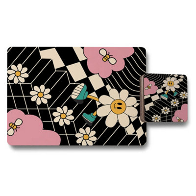 B&Q -  Placemat And Coaster Set Designer Artwork Daisy Motif On Wood Backing Limited Edition