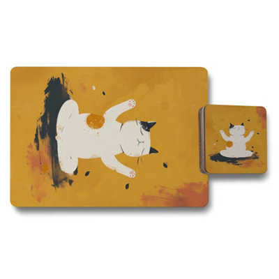 B&Q -  Placemat And Coaster Set Designer Cat Artwork Mustard Wood Bottom Set Of 12 Exclusive Edition