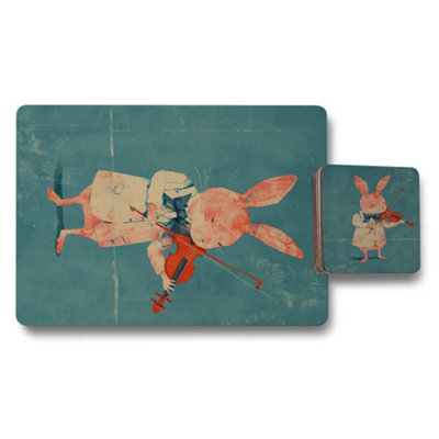 B&Q -  Designer Artwork Placemat And Coaster Set With Wood Base Teal Rabbit Motif Limited Edition