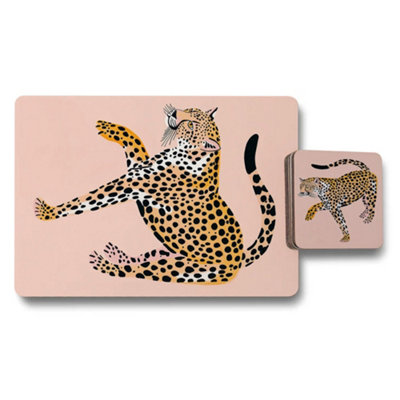 Benjamin Tate Design Vibrant Leopard Print Placemat And Coaster Set With Wood Bottom Luxury Artwork Limited Edition from B&Q